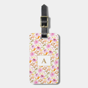 Summer Pink Watercolor Floral Family Monogram Luggage Tag