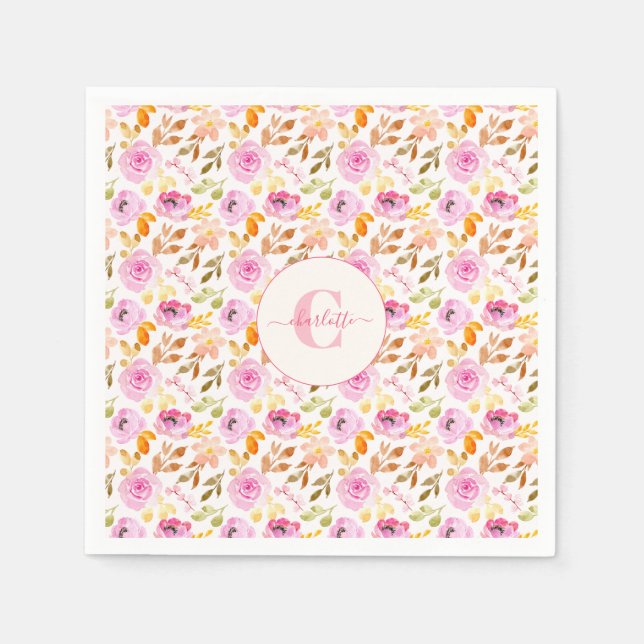 Summer Pink Watercolor Floral Monogram and Name  Napkin (Front)