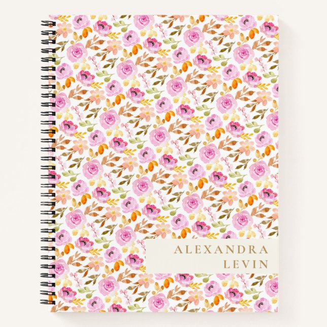 Summer Pink Watercolor Floral Personalised Name  Notebook (Front)