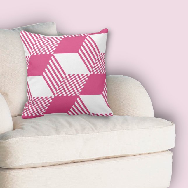 Summer Pink & White Stripe Diamond Checker  Cushion (Summer Pink & White Stripe Diamond Checker Pattern Throw Pillow)