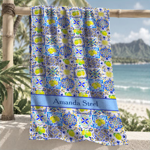 Summer Pink Yellow Blue Sicilian Majolica Citrus Beach Towel