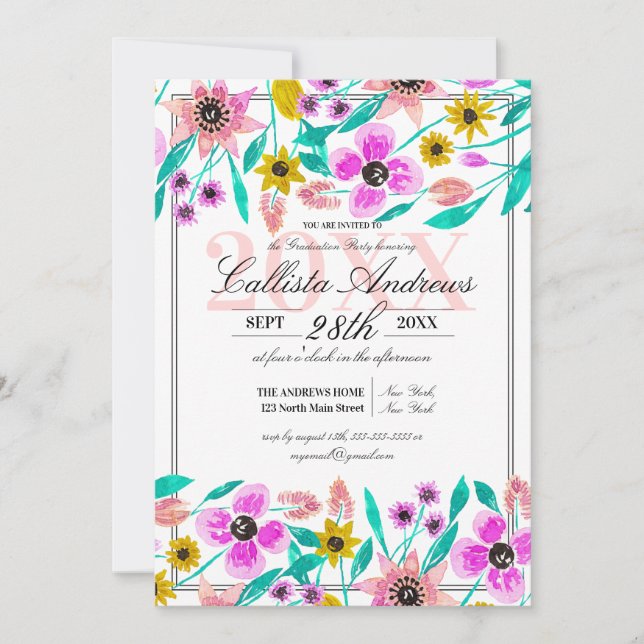 Summer Pink Yellow Floral Watercolor Graduation Invitation (Front)