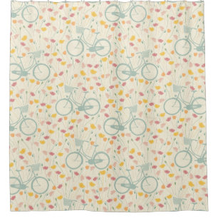Summer Pink Yellow Flowers Blue Bicycle Pattern Shower Curtain