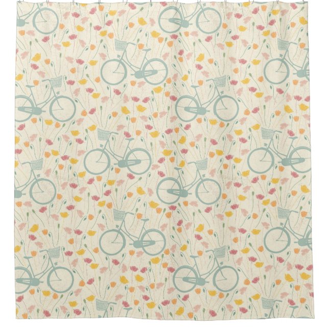 Summer Pink Yellow Flowers Blue Bicycle Pattern Shower Curtain (Front)