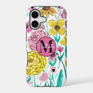 Summer Pink Yellow Flowers Watercolor Monogram