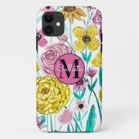 Summer Pink Yellow Flowers Watercolor Monogram