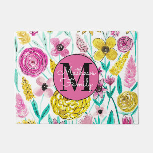 Summer Pink Yellow Flowers Watercolor Monogram Doormat