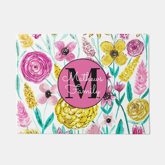 Summer Pink Yellow Flowers Watercolor Monogram Doormat (Front)