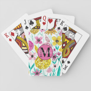 Summer Pink Yellow Flowers Watercolor Monogram Playing Cards