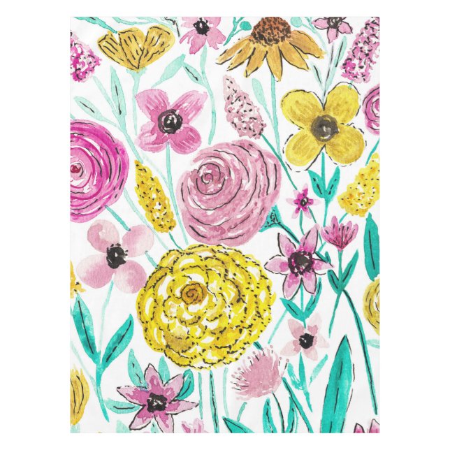 Summer Pink Yellow Flowers Watercolor Pattern Tablecloth (Front)