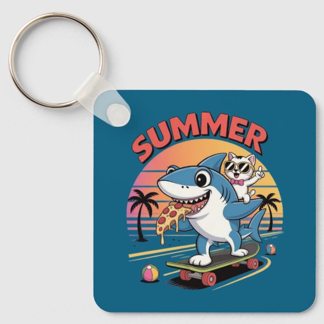 Summer pizza with shark and cat key ring (Front)
