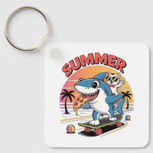 Summer pizza with shark and cat key ring