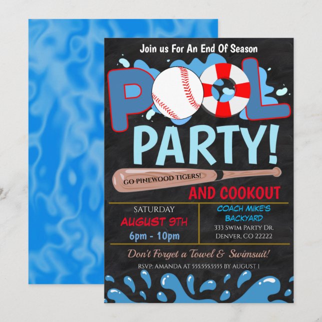 Summer Pool Baseball Party Invitation (Front/Back)