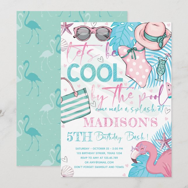Summer Pool Birthday Party Cute Pink Turquoise Invitation (Front/Back)