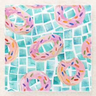 Summer Pool Floats Watercolor Mosaic Glass Coaster