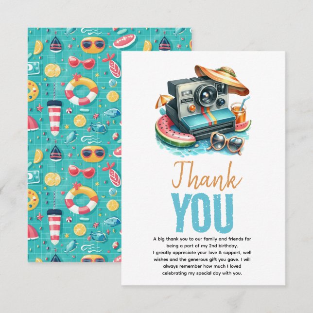 Summer Pool Party 2nd birthday Thank You Card (Front/Back)