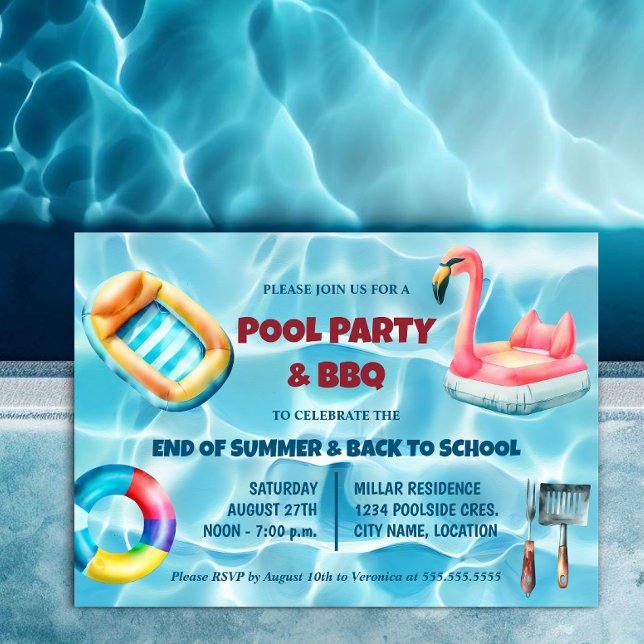 Summer Pool Party and BBQ Invitation (Pool party and BBQ invitation for end of summer or back to school celebration with family / friends.)