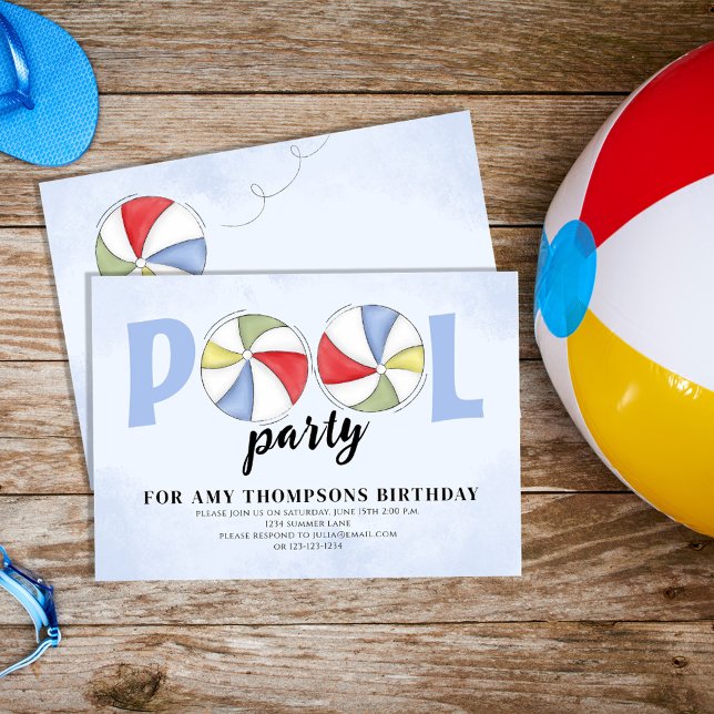 Summer Pool Party Birthday Beach Balls Invitation (Colorful Pool Party Beach Balls Custom Invitations.)