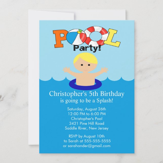 Summer POOL Party Birthday Invitation Boy (Front)