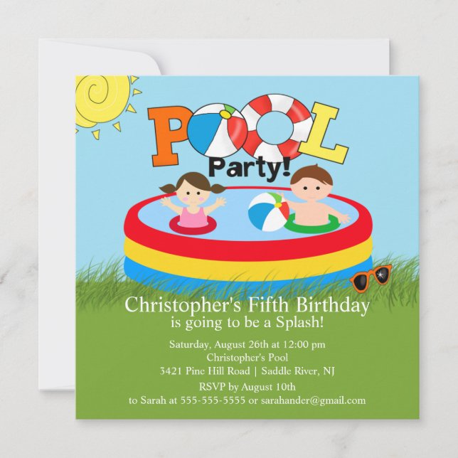 Summer POOL Party Birthday Invitation Boy Girl (Front)