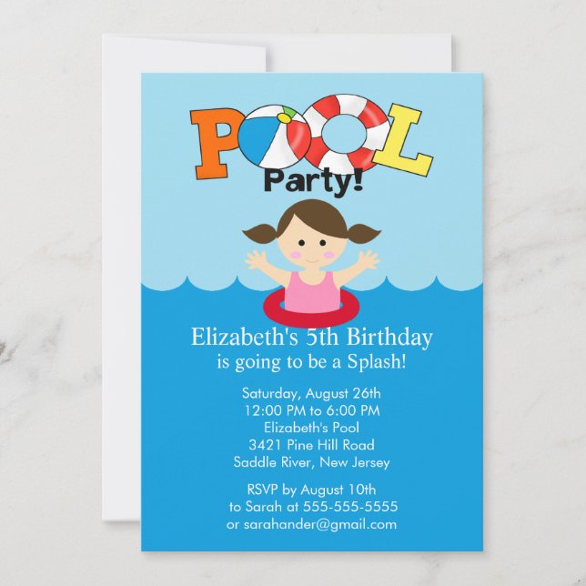 Summer POOL Party Birthday Invitation Girl (Front)