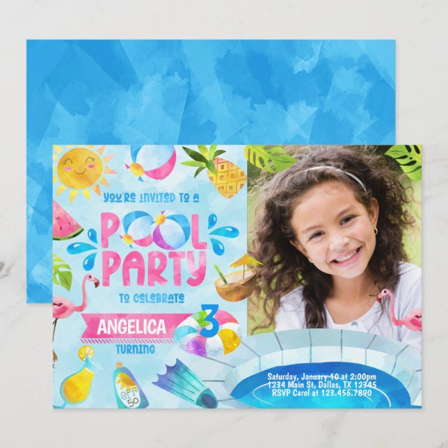 Summer Pool Party Birthday Invitation Invite (Front/Back)