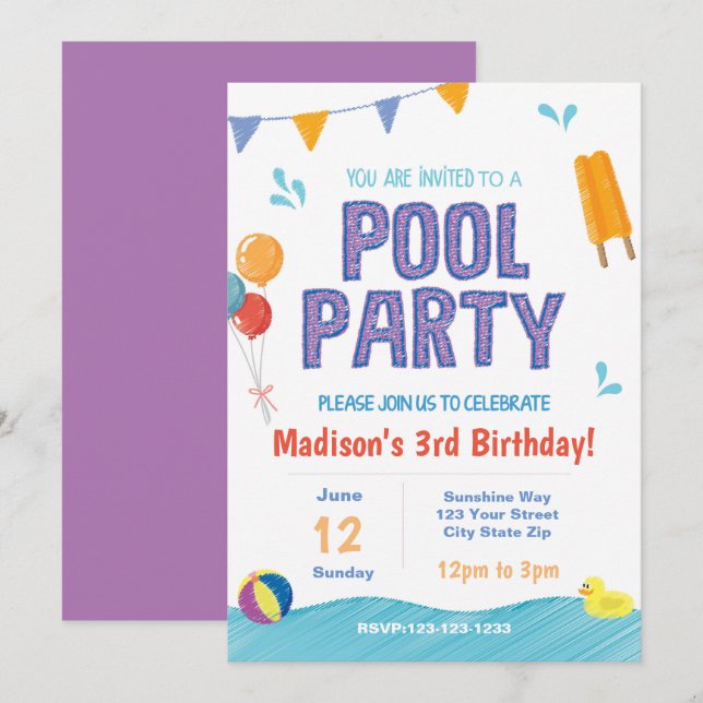 Summer Pool Party Birthday Invite (Front/Back)