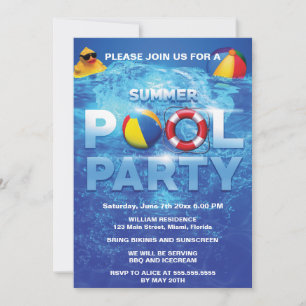 Summer Pool Party Blue Invitation