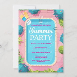 Summer Pool Party Blue Pink Invitation