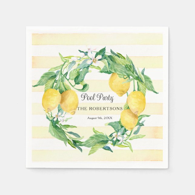 Summer Pool Party Citrus Lemon Wreath Blossom Leaf Napkin (Front)