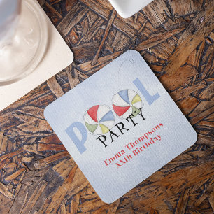 Summer Pool Party Colourful Beach  Square Paper Coaster