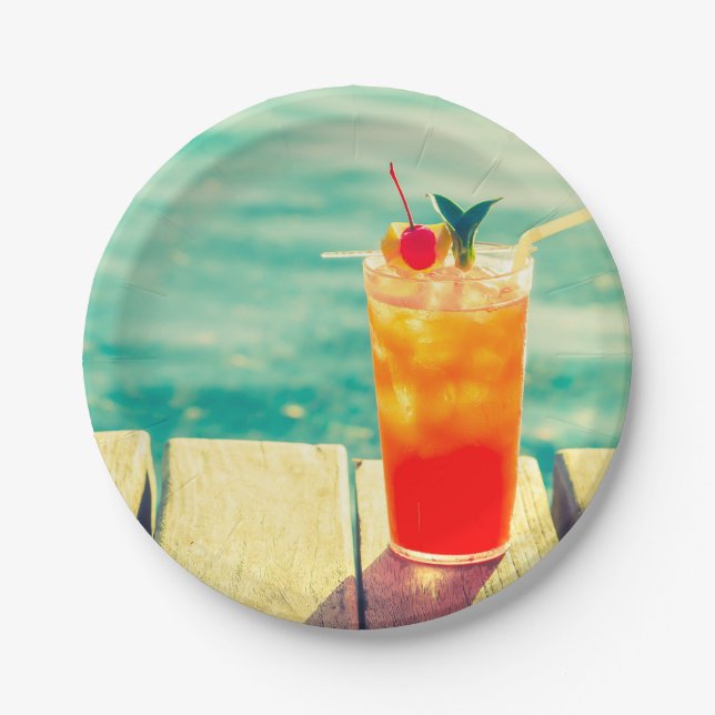 Summer pool party fun in the sun cocktail paper plate (Front)