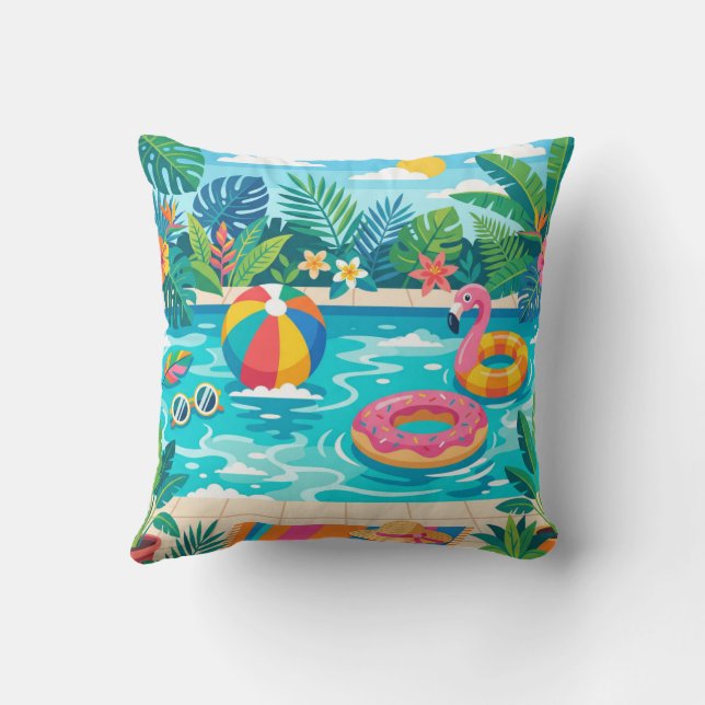 Summer Pool Party Illustration Throw Pillow (Back)