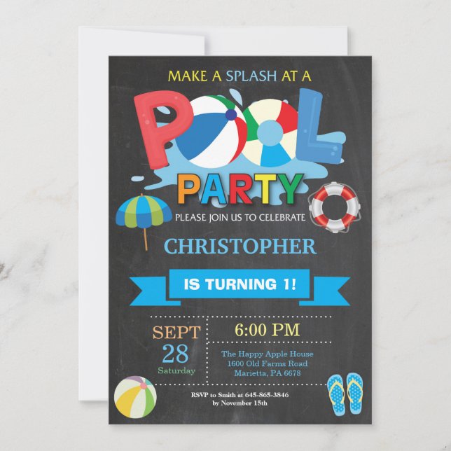 Summer Pool Party Invitation Splish Splash Boy (Front)