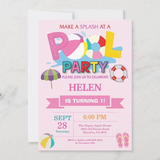 Summer Pool Party Invitation Splish Splash Girl (Front)