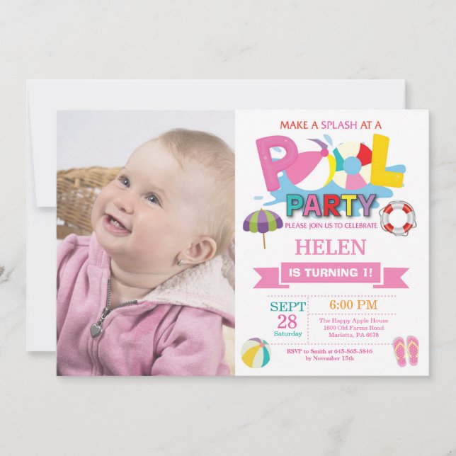 Summer Pool Party Invitation Splish Splash Girl (Front)