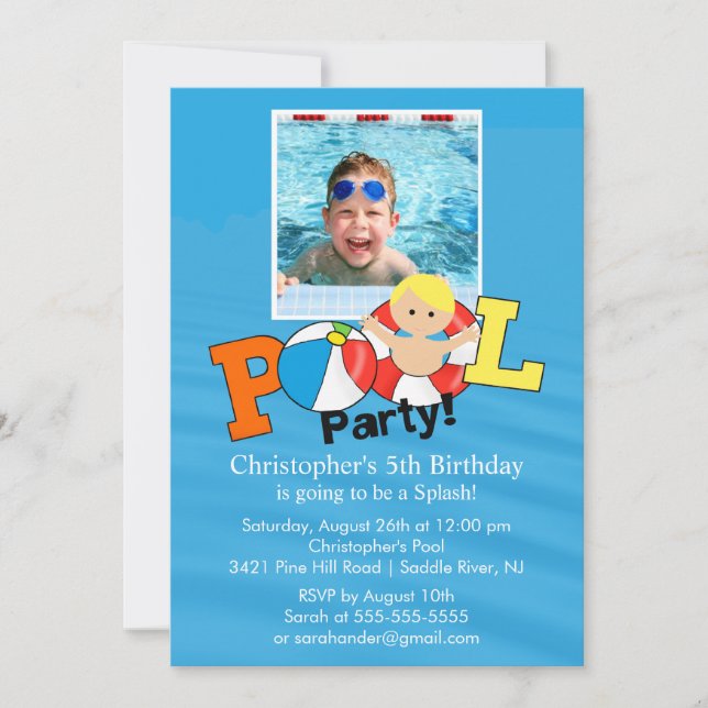 Summer POOL Party PHOTO Birthday Invitation boy (Front)
