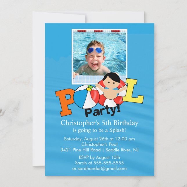 Summer POOL Party PHOTO Birthday Invitation boy (Front)