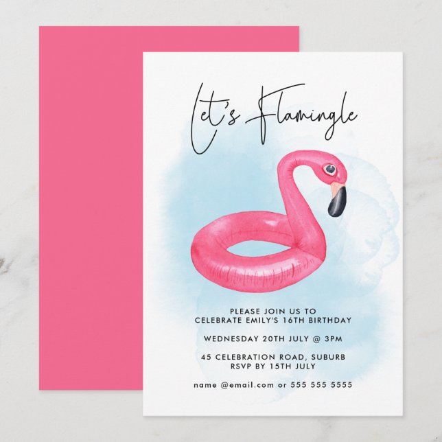 Summer Pool Party Pink Flamingo Teen Birthday Invitation (Front/Back)
