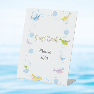 Summer Pool Party Shark Float Guest Book Pedestal Sign