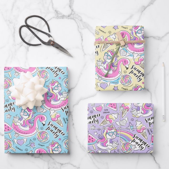 Summer Pool Party Unicorn  Wrapping Paper Sheet (Front)