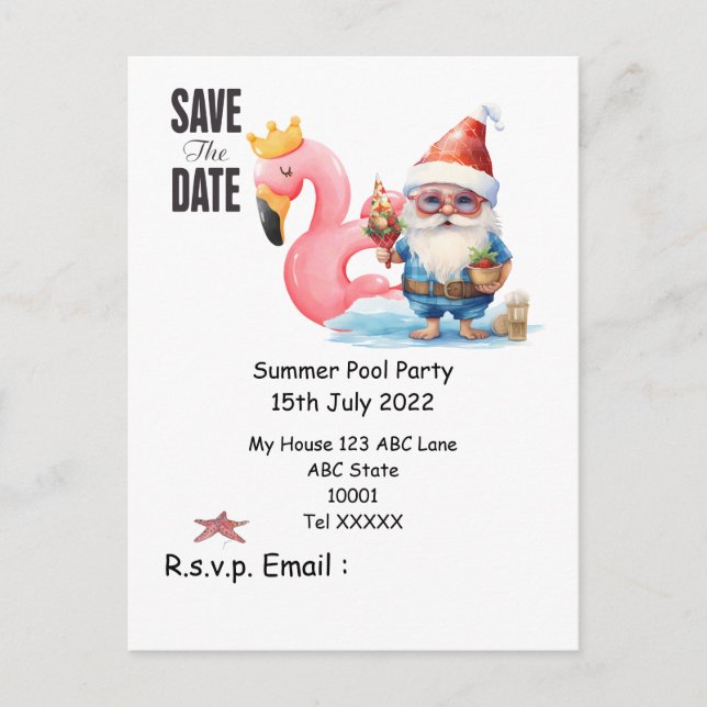  Summer Pool with SANTA CLAUS Save the date Postcard (Front)