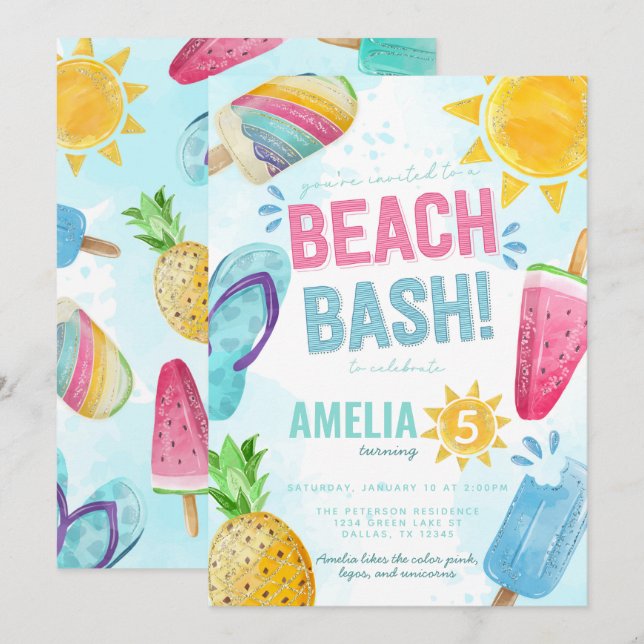 Summer Popsicle Beach Bash Birthday Party Invitation (Front/Back)