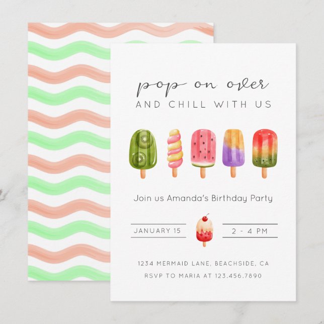 Summer popsicle ice cream birthday invitation (Front/Back)