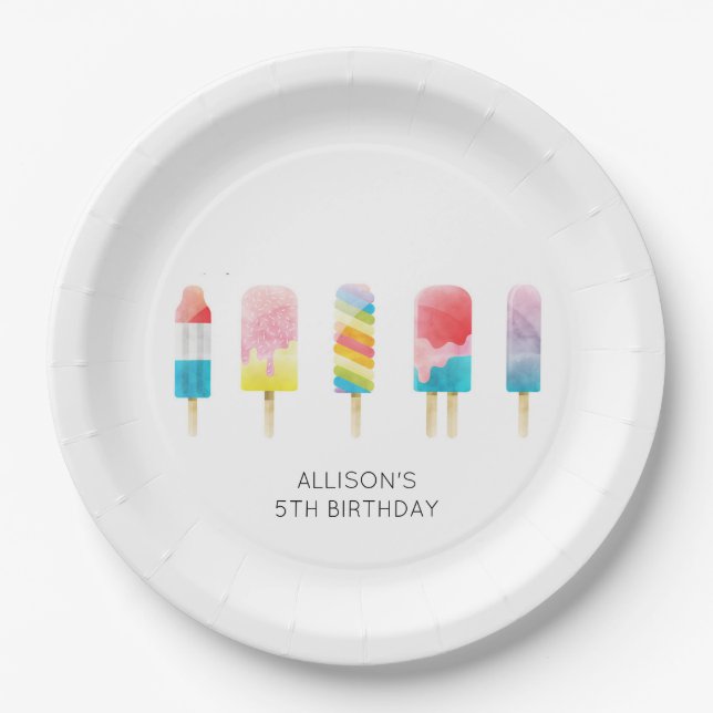Summer popsicle ice cream birthday party paper plate (Front)