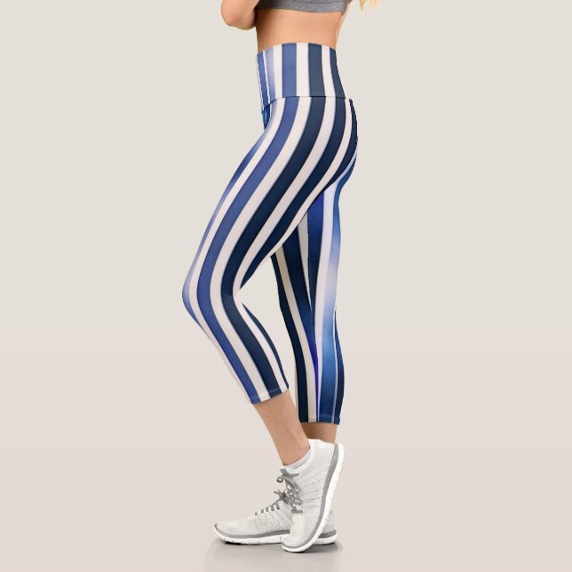 Summer Popular Navy Blue Boat Stripes Collection Capri Leggings (Left)