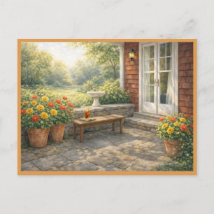 Summer Porch Orange Yellow Roses Watercolor Art Postcard