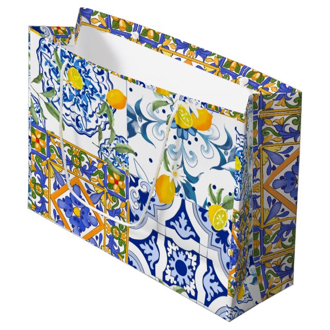 Summer ,Portuguese tiles ,citrus,lemons    Large G Gift Bag (Front Angled)
