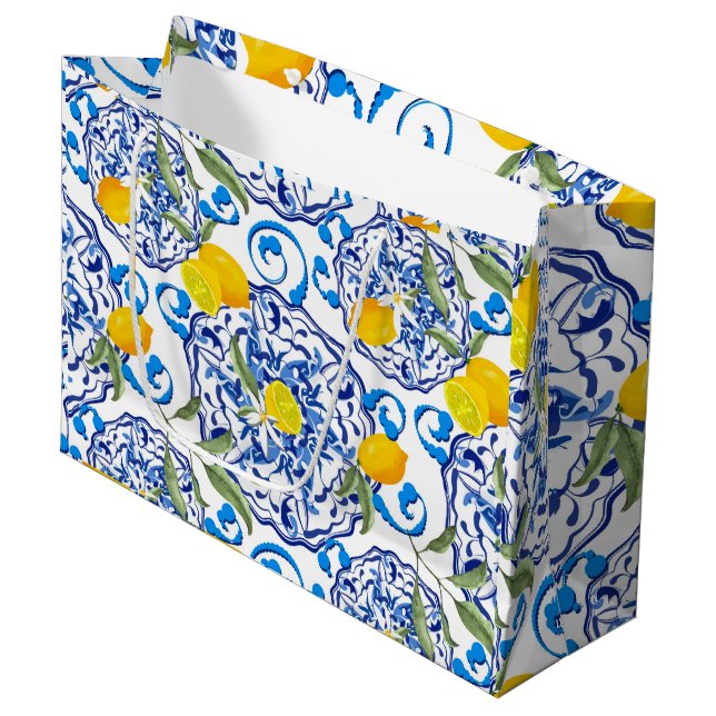 Summer ,Portuguese tiles ,citrus,lemons  Large Gift Bag (Front Angled)