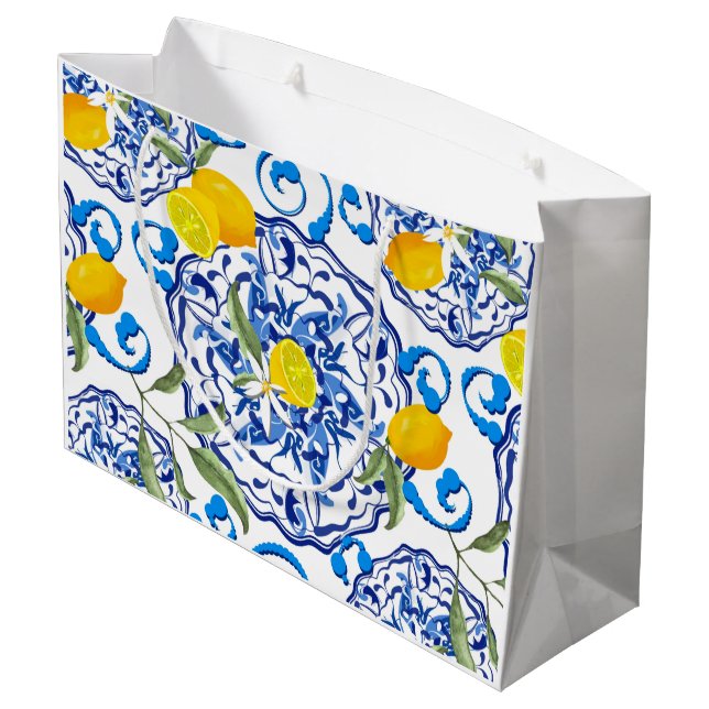 Summer ,Portuguese tiles ,citrus,lemons Mediterran Large Gift Bag (Back Angled)